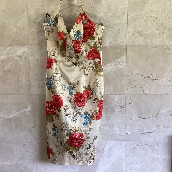 David Meister Halter Dress, Size 10, Beige Floral Cocktail USA Made Vintage Y2K - Picture 10 of 11